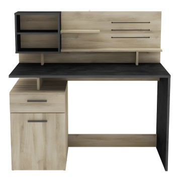 Escritorio con estructura en madera clara y negro con cajones laterales y estantería superior con compartimentos abiertos y cerr