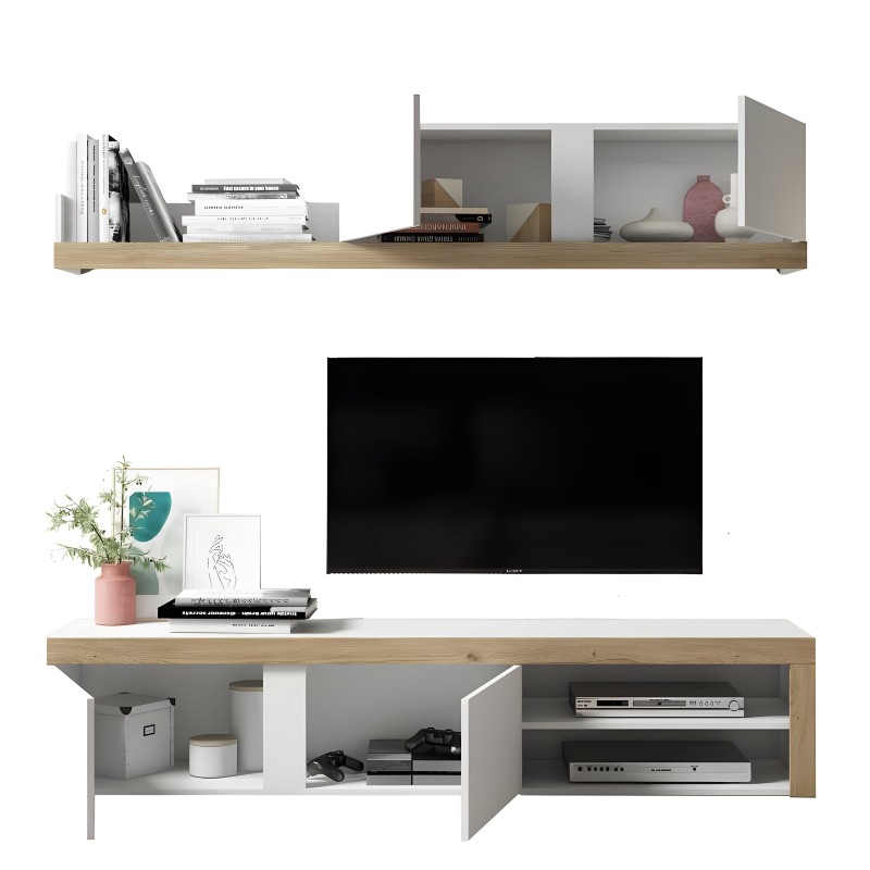 Mueble TV modular madera natural y gris con estantes abiertos y armarios cerrados para organizar