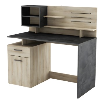 Escritorio moderno con tablero negro y estructura en madera clara y gris oscuro con estantería superior y cajones laterales