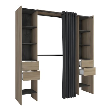 Armario vestidor con estructura madera natural y cortina negra con estantes laterales y cajones inferiores
