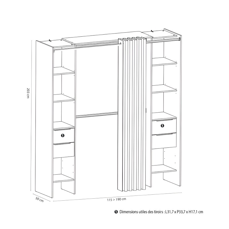 Armario modular tipo dressing con barras de ropa central y estantes laterales con cajones