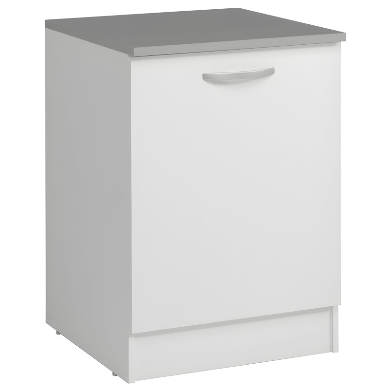 Mueble base cocina blanco con encimera gris y puerta con tirador metálico