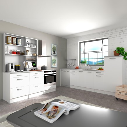Cocina integral blanca con muebles base y aéreos modulares y estantería abierta en ambiente de vivienda