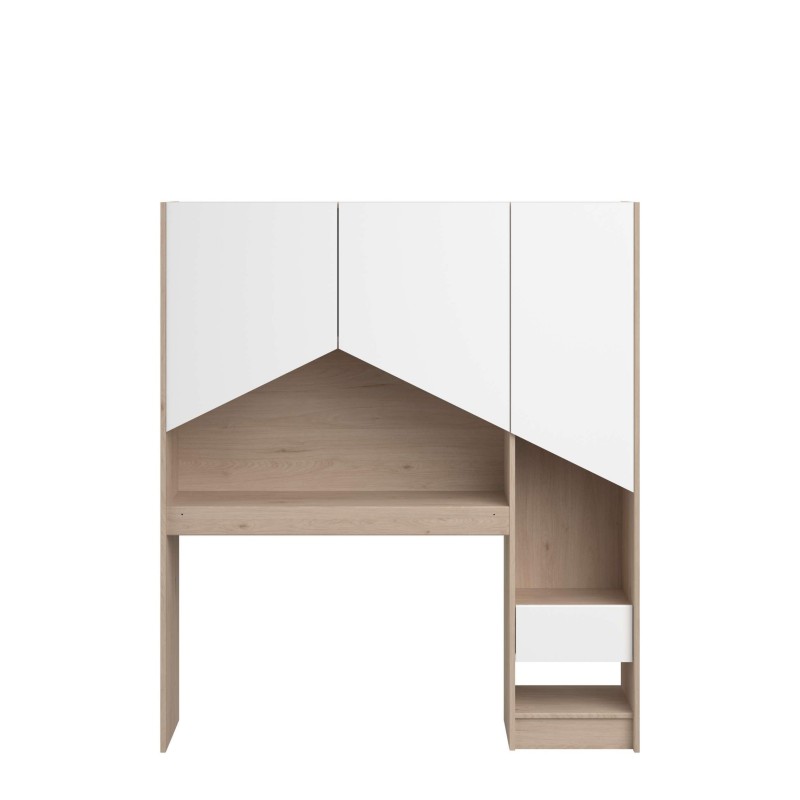 Cabecero de cama de 90 de madera clara y puertas blancas superiores y compartimentos laterales