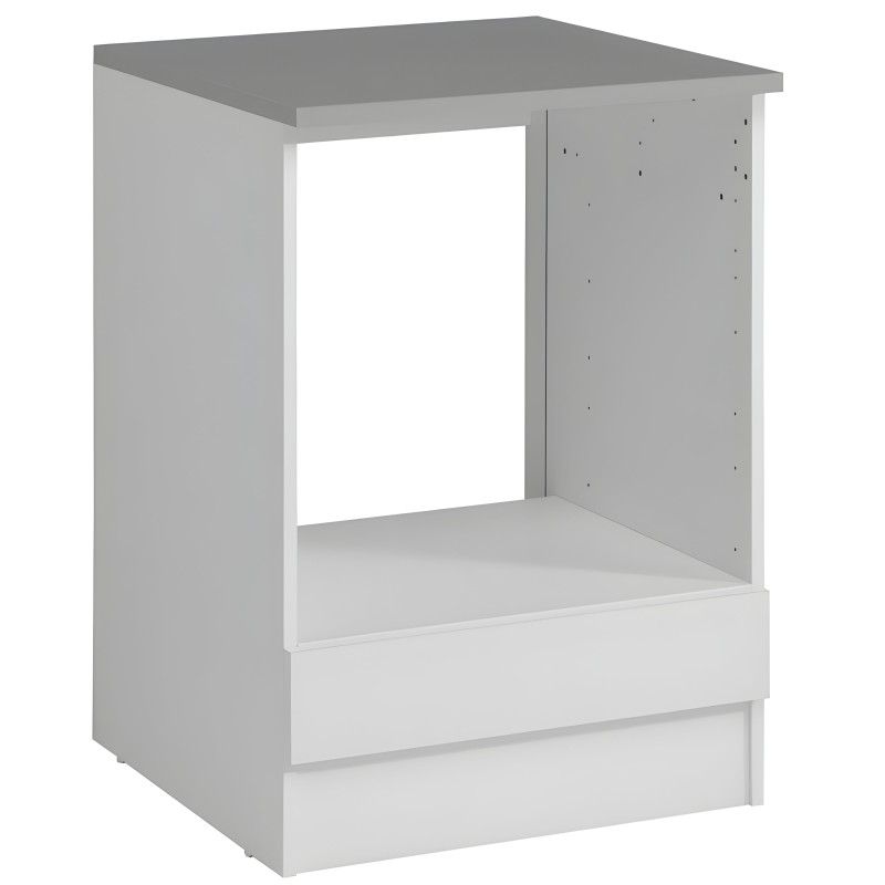 Mueble base blanco y gris con hueco central abierto y dos cajones inferiores vista frontal