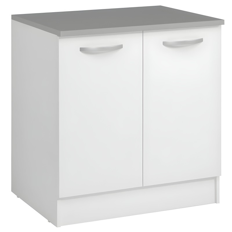 Mueble bajo de cocina blanco con encimera gris y dos puertas con tiradores metálicos