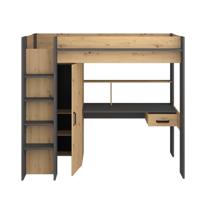 Cama alta  en madera clara y estructura gris con escritorio integrado y estantería lateral