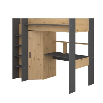 Cama alta con escritorio integrado en madera natural y estructura gris antracita con armario y estantes laterales