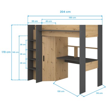 Cama alta de madera y metal antracita con escritorio integrado y armario lateral inferior con estantes