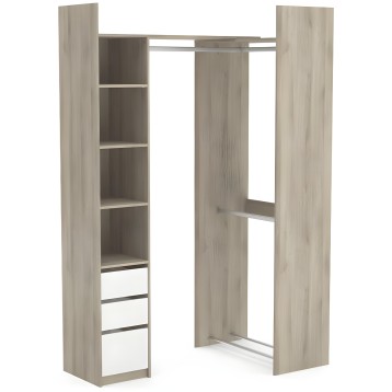 Closet modular en madera clara con estantes abiertos y barras para colgar ropa con cajones blancos inferiores