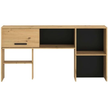 Escritorio modular de madera natural y negro con cajón y compartimentos abiertos para almacenaje