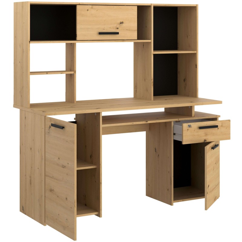 Escritorio de madera natural con estantería superior combinada en negro y cajones laterales para almacenaje