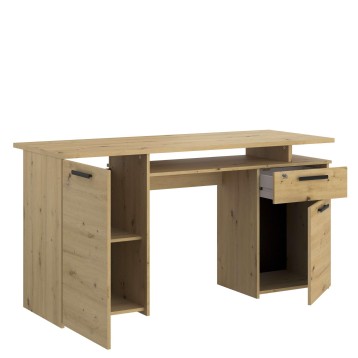 Escritorio de madera clara con dos puertas laterales y un cajón central frontal para almacenamiento