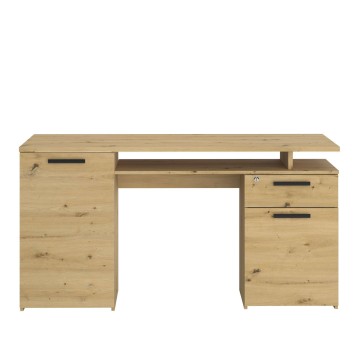Escritorio madera clara con cajones y compartimentos abiertos y tirador negro metálico vista frontal