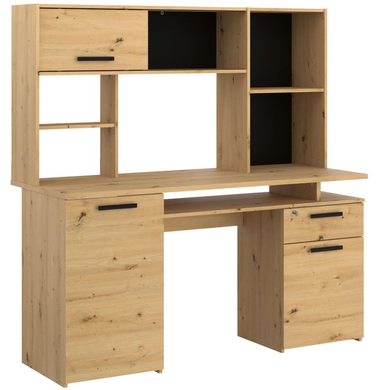 Escritorio en madera clara con estantería superior y cajones laterales. Mueble de trabajo moderno y funcional.