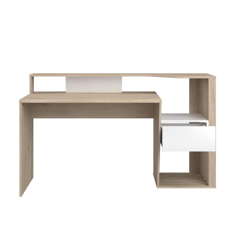 Escritorio con estantes y cajón blanco en madera clara y estructura modular con compartimentos abiertos
