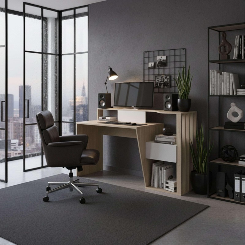 Escritorio de madera y blanco con estantes integrados y silla de oficina negra en ambiente de trabajo moderno
