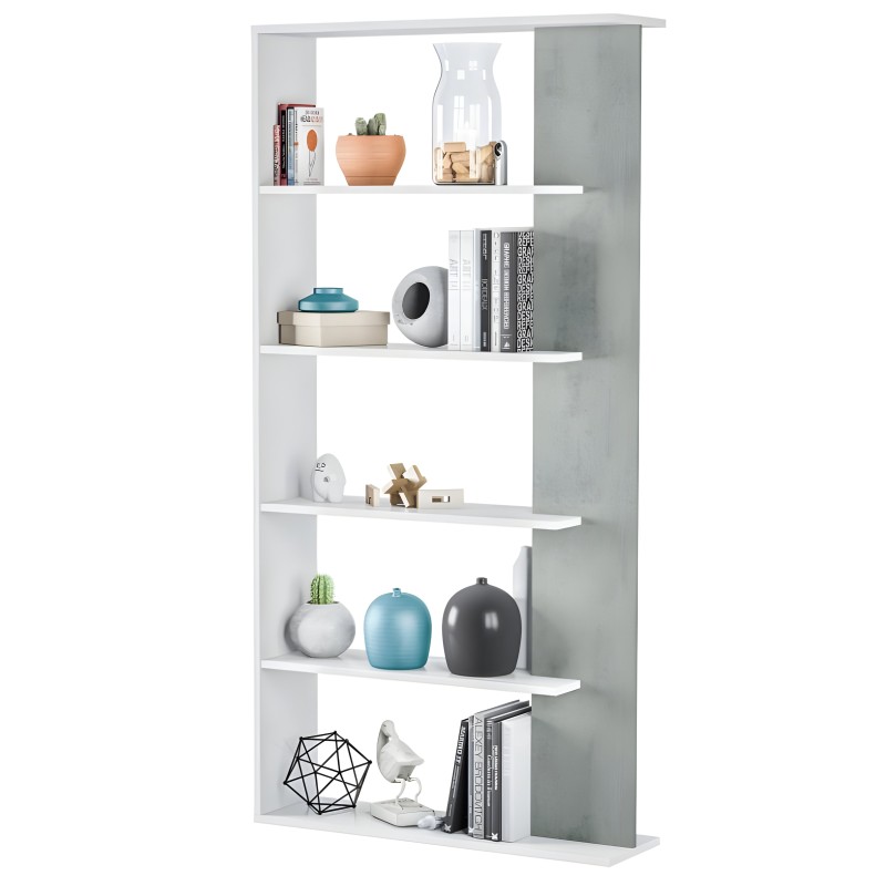 Estantería modular blanca y gris con seis estantes para libros y objetos decorativos