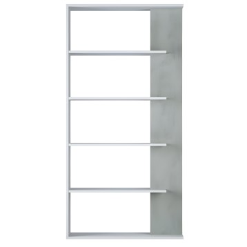 Estantería gris con cinco baldas horizontales abiertas y panel lateral