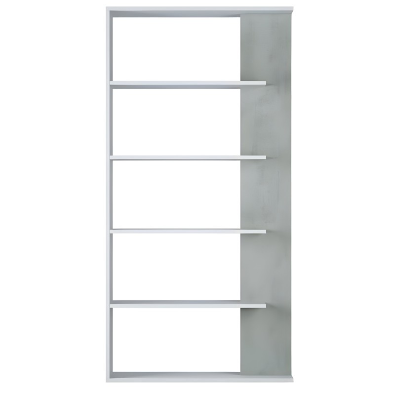 Estantería gris con cinco baldas horizontales abiertas y panel lateral