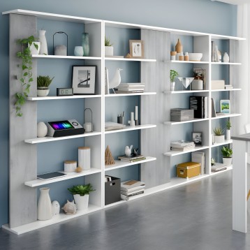 Librería modular blanca con múltiples estantes y divisiones decorada con libros plantas y accesorios en ambiente