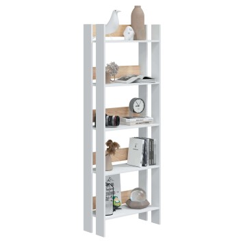 Estantería vertical blanca y madera con seis estantes para libros y decoración en ambiente