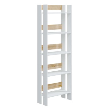 Estantería vertical blanca con estantes de madera natural y estructura modular de seis niveles