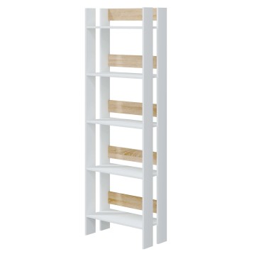 Estantería vertical blanca con estantes de madera clara y estructura abierta