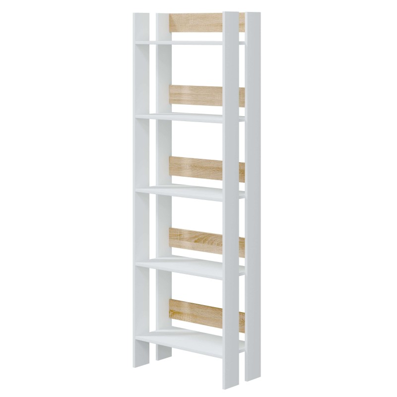 Estantería vertical blanca con estantes de madera clara y estructura abierta