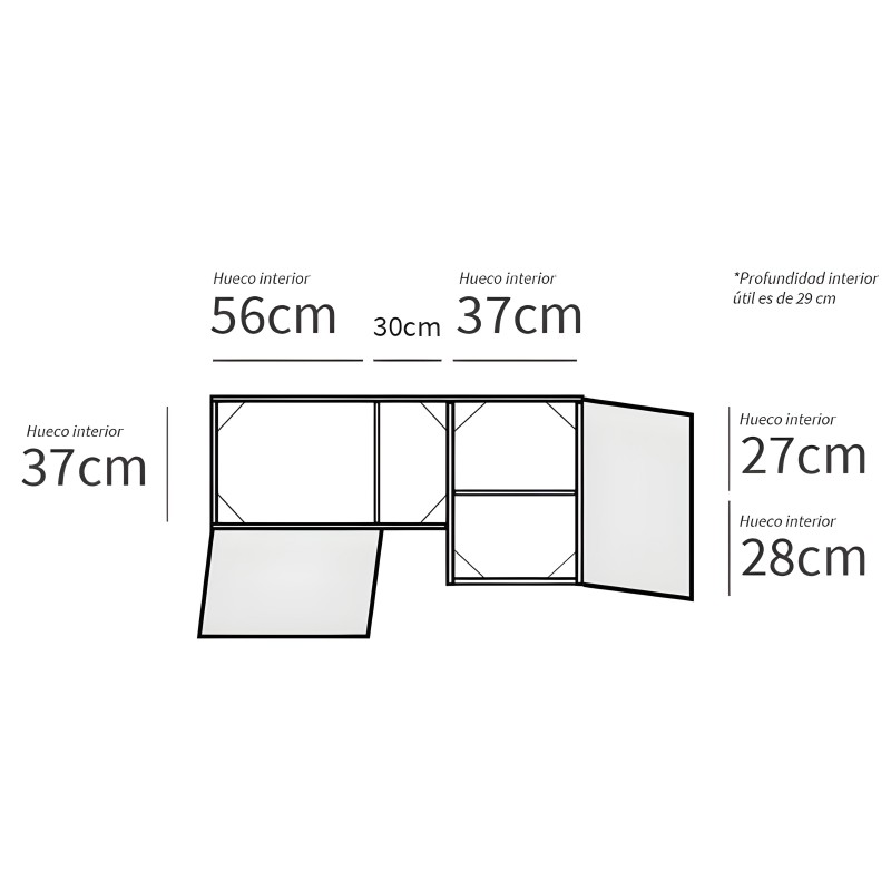 Estantería modular con compartimentos abiertos y cerrados vista en perspectiva con medidas de profundidad y altura