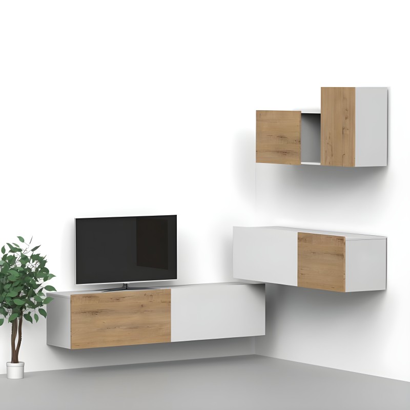 Mueble TV modular suspendido en blanco y madera natural con puertas y compartimentos abiertos en ambiente
