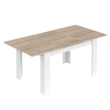 Mesa de comedor rectangular con tablero en color roble claro y patas blancas en forma de panel