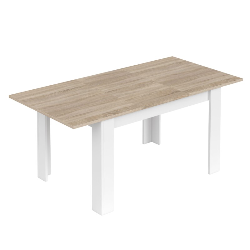 Mesa de comedor rectangular con tablero en color roble claro y patas blancas en forma de panel