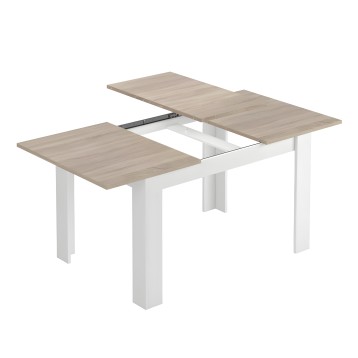 Mesa extensible con tablero en color roble claro y patas blancas vista en extensión abierta