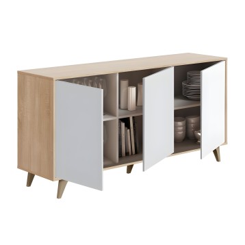 Aparador nórdico con puertas blancas y estructura madera natural con patas de madera y almacenamiento interior