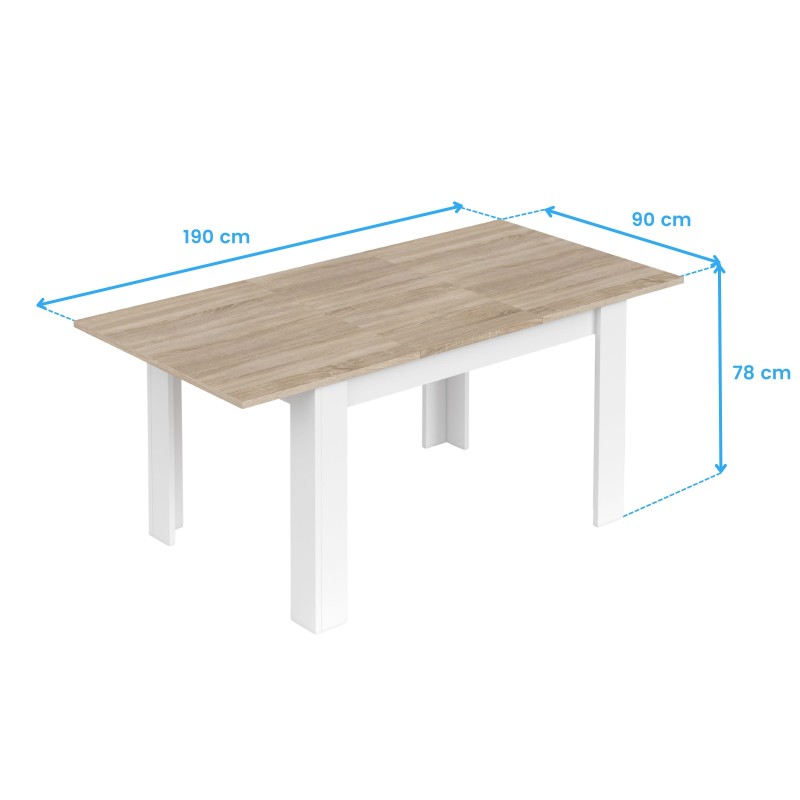 Mesa de comedor rectangular con tablero en madera clara y estructura blanca con medidas y detalles dimensionales