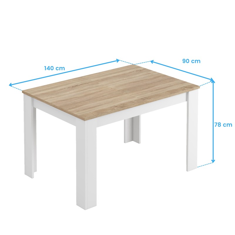 Mesa de comedor rectangular tablero madera clara y patas blancas con medidas indicadas