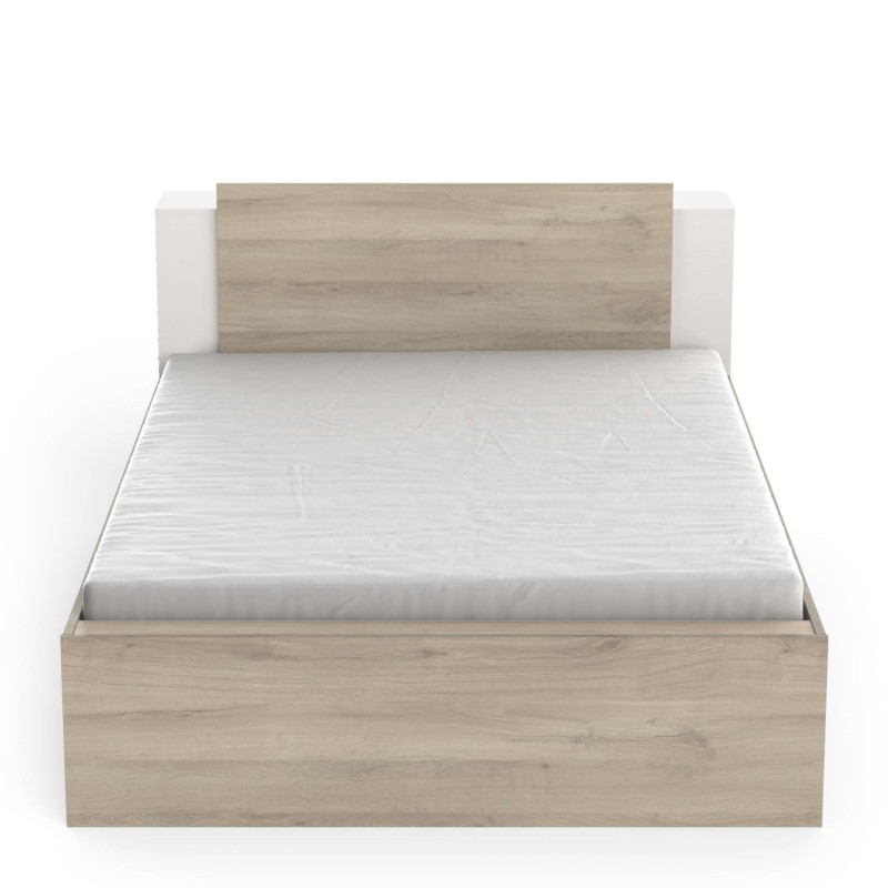 Cama individual con estructura en madera clara y cabecero tapizado blanco vista frontal