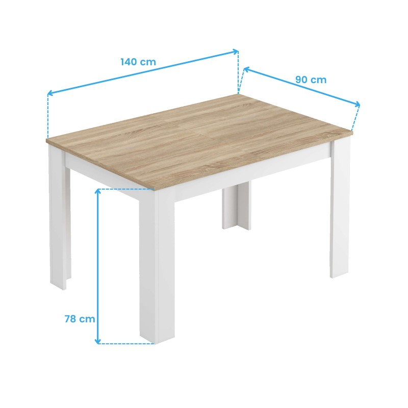 Mesa rectangular con tablero en tonos naturales y estructura blanca mostrando dimensiones principales