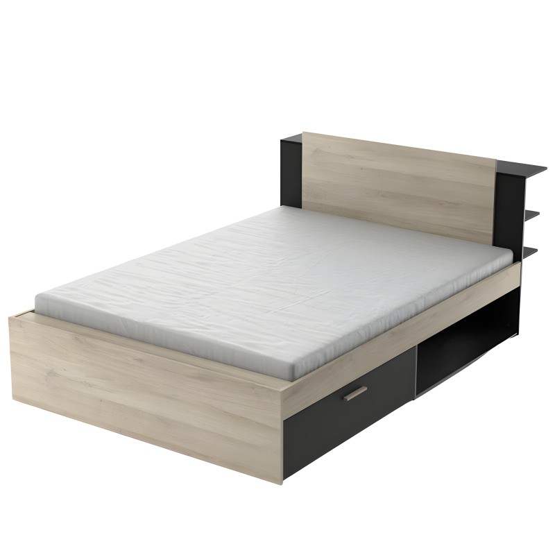 Cama matrimonial con estructura en madera clara y negro con cabecero de madera y mesitas laterales integradas