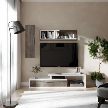 Mueble de TV blanco y madera con estantería flotante para libros y adornos en ambiente de salón moderno