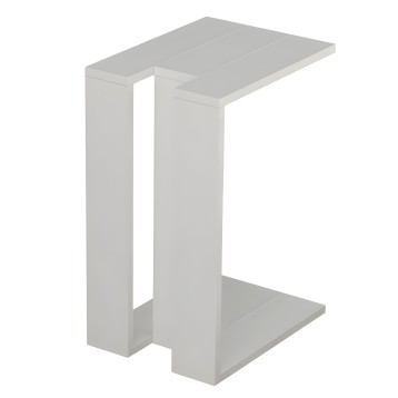 Mesa auxiliar blanca con estructura en Z y dos estantes horizontales en diseño minimalista