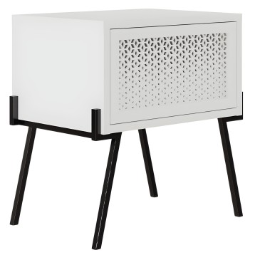 Mesita auxiliar blanca con puerta de rejilla perforada y patas negras de madera