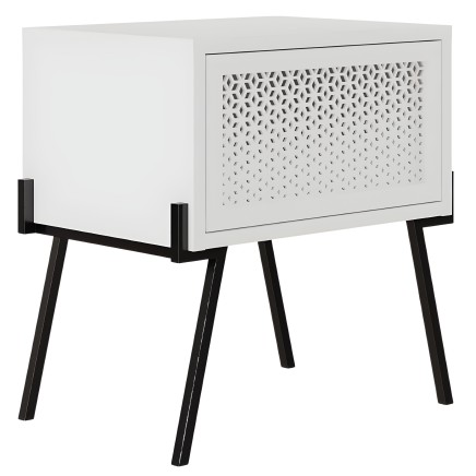 Mesita auxiliar blanca con puerta de rejilla perforada y patas negras de madera