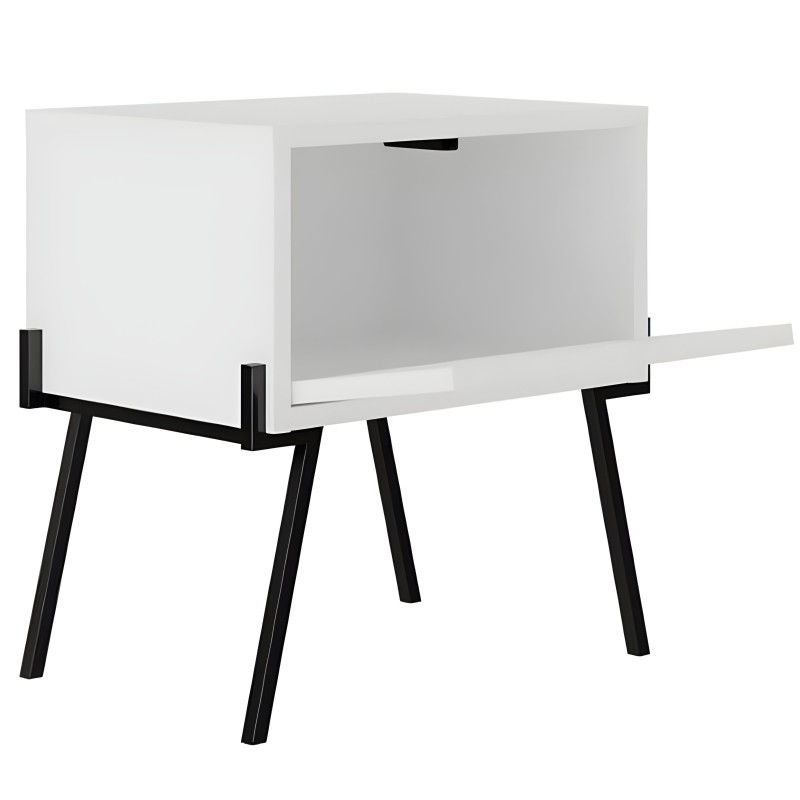 Mesita de noche blanca con cajón y patas negras inclinadas estilo retro