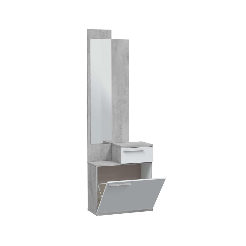 Recibidor modular en gris cemento con espejo vertical y cajón superior blanco y compartimento inferior con puerta abatible