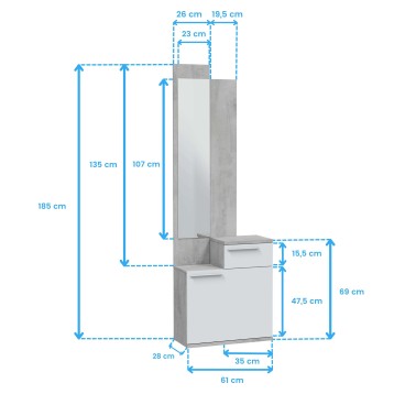 Armario modular blanco y gris con cajones y estantes abiertos vista lateral con medidas técnicas
