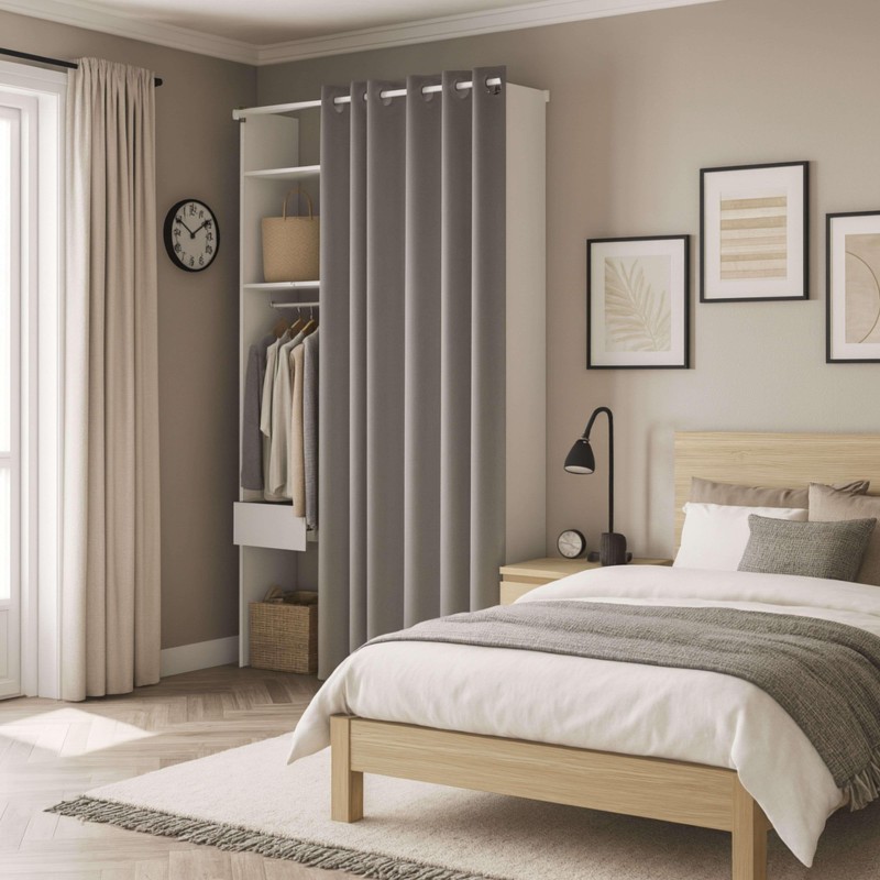 Armario abierto blanco con cortinas grises y estantes para ropa en ambiente de dormitorio