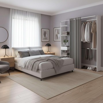 Armario blanco con barras de metal y cortinas grises en dormitorio moderno junto a cama tapizada gris