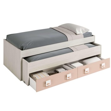 Cama compacta triple con estructura en madera clara y cajones de almacenamiento inferiores en tonos beige y blanco